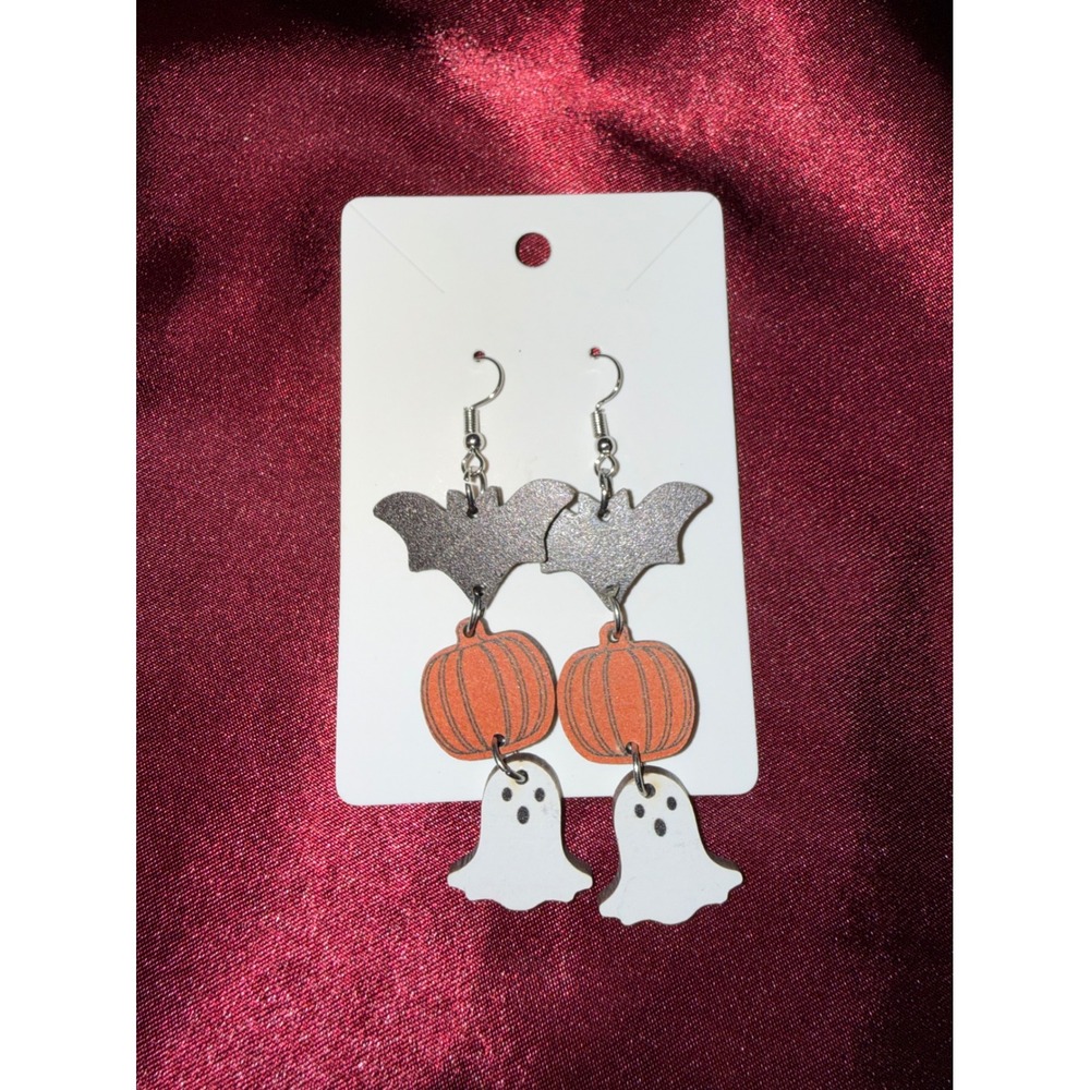 Halloween Bat‎ Pumpkin Ghost Triple Tier Drop Dangle Earrings Silver Tone Hooks